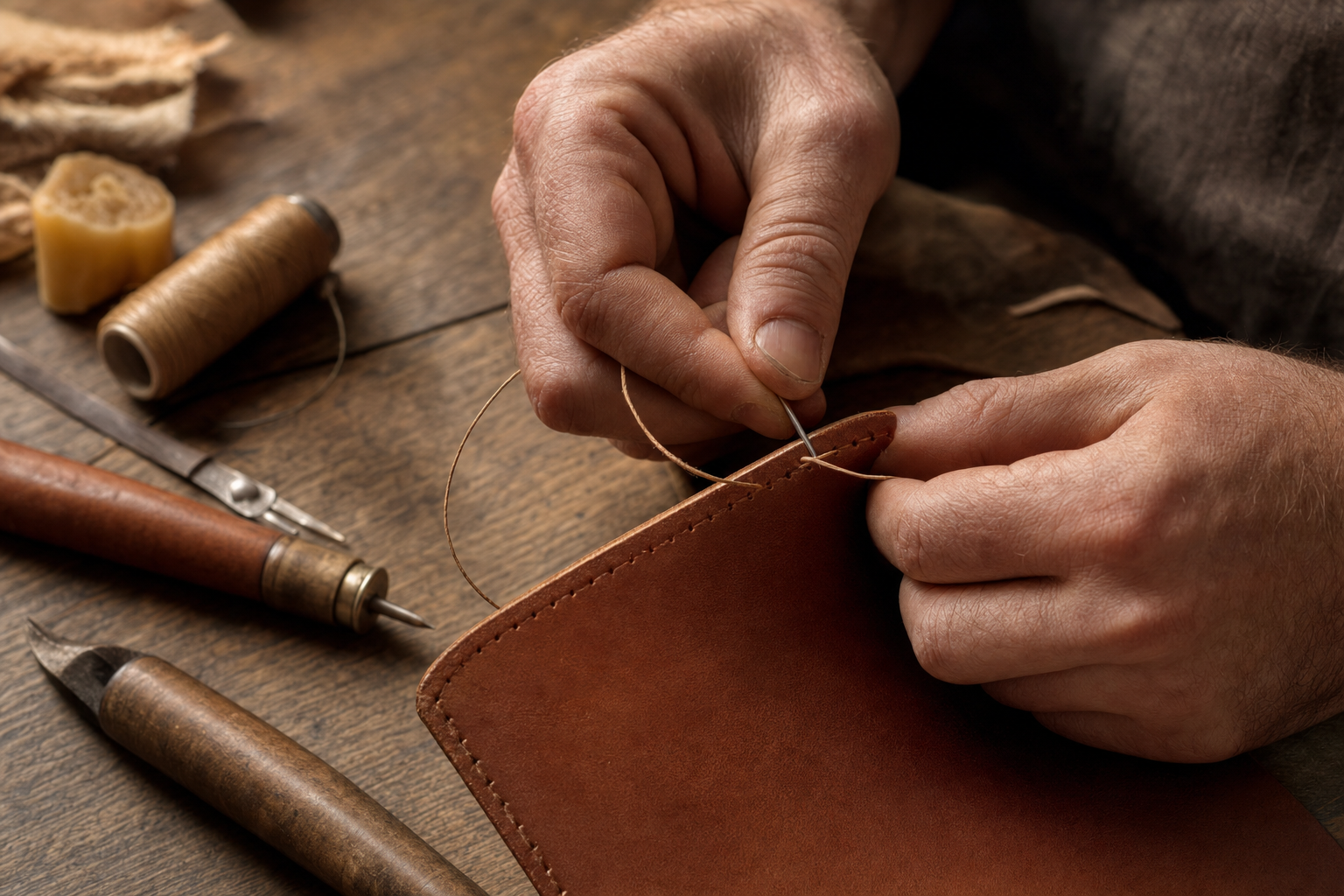 Hands hand-stitching tan leather at a workbench